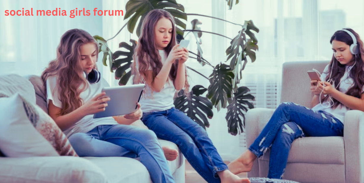 Diverse group of young women chatting and using laptops and smartphones in a social media forum.